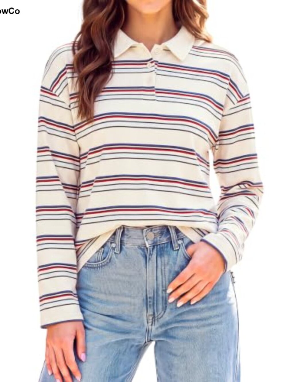 Long Sleeve Striped Polo Rugby Shirt Women's Oversized Y2K Cotton Blend Tops